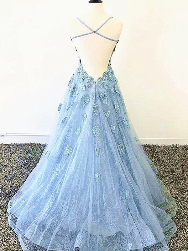 NumberSea - A - Line/Princess Tulle Applique Spaghetti Straps Sleeveless Sweep/Brush Train Dresses