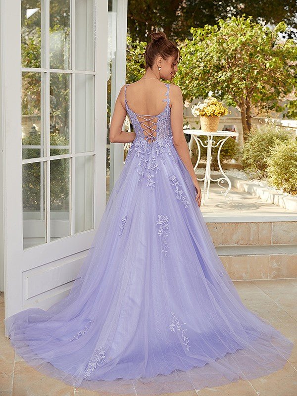 NumberSea - A - Line/Princess Tulle Applique Straps Sleeveless Court Train Dresses