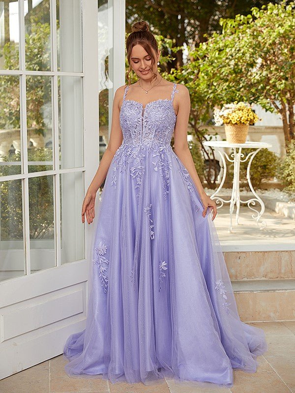 NumberSea - A - Line/Princess Tulle Applique Straps Sleeveless Court Train Dresses