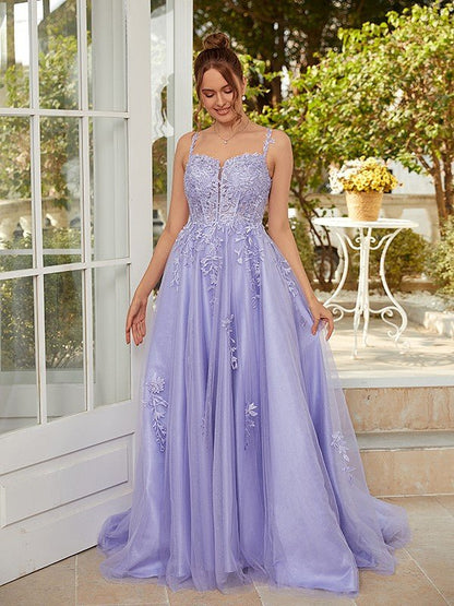 NumberSea - A - Line/Princess Tulle Applique Straps Sleeveless Court Train Dresses