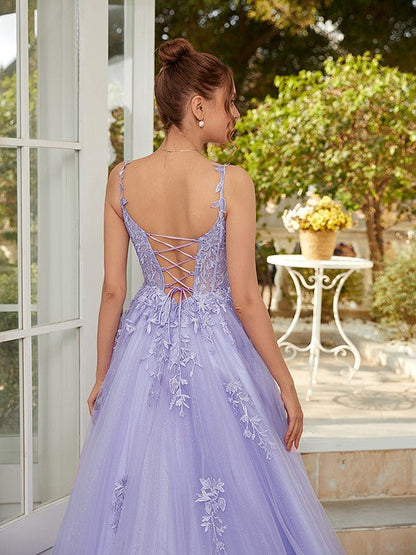 NumberSea - A - Line/Princess Tulle Applique Straps Sleeveless Court Train Dresses