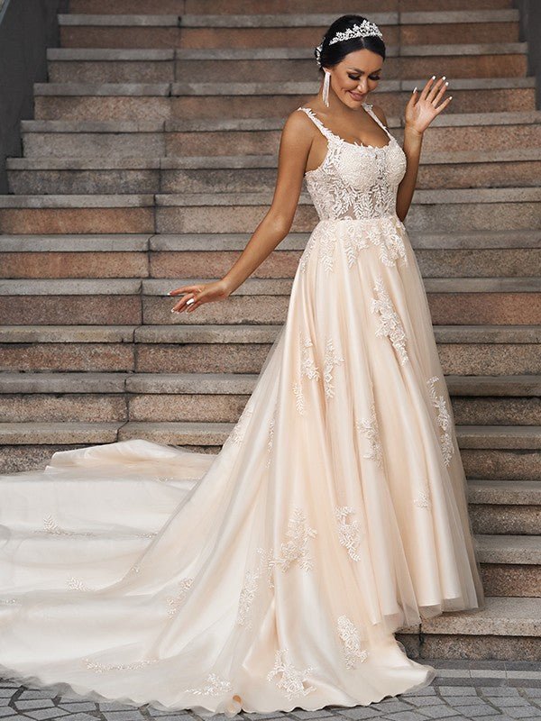 NumberSea - A - Line/Princess Tulle Applique Straps Sleeveless Court Train Wedding Dresses