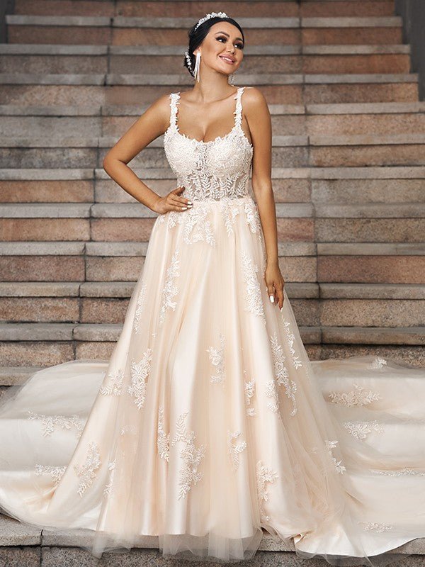 NumberSea - A - Line/Princess Tulle Applique Straps Sleeveless Court Train Wedding Dresses