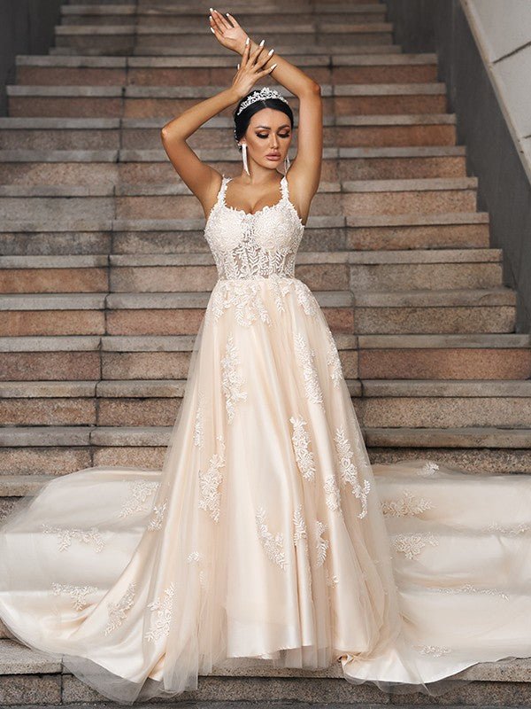 NumberSea - A - Line/Princess Tulle Applique Straps Sleeveless Court Train Wedding Dresses