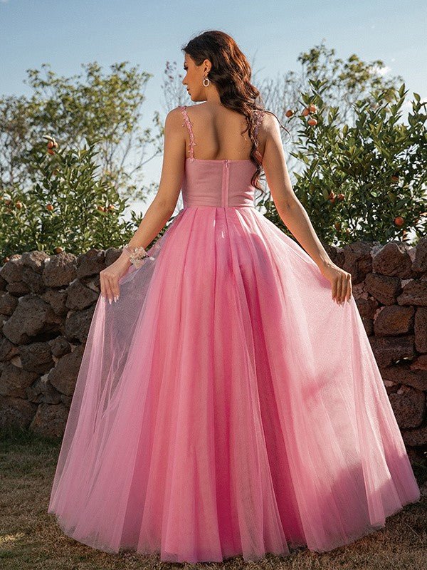 NumberSea - A - Line/Princess Tulle Applique Straps Sleeveless Floor - Length Dresses