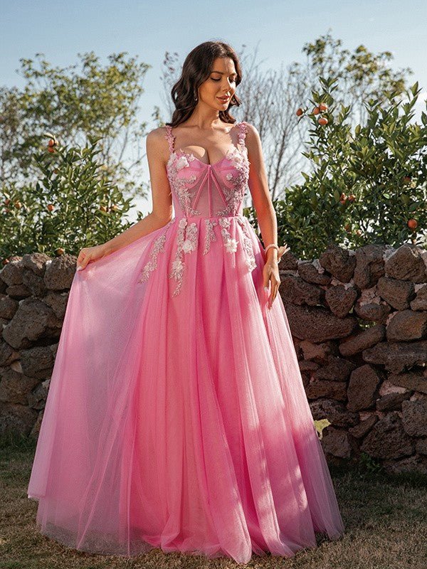 NumberSea - A - Line/Princess Tulle Applique Straps Sleeveless Floor - Length Dresses