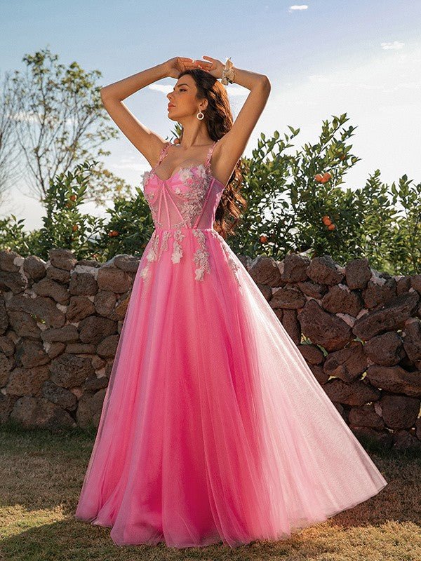 NumberSea - A - Line/Princess Tulle Applique Straps Sleeveless Floor - Length Dresses