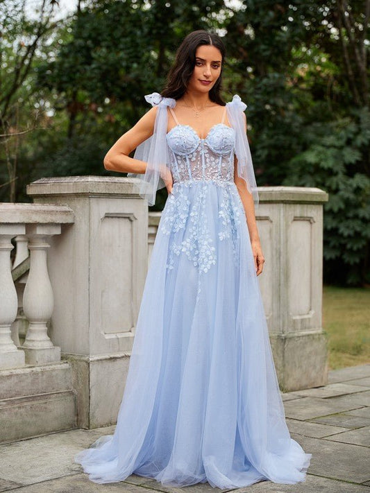 NumberSea - A - Line/Princess Tulle Applique Straps Sleeveless Sweep/Brush Train Dresses