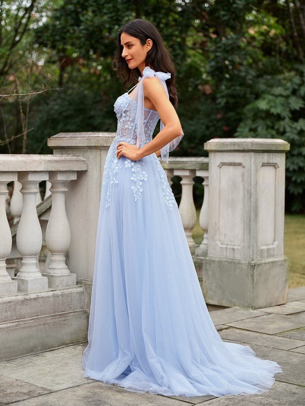 NumberSea - A - Line/Princess Tulle Applique Straps Sleeveless Sweep/Brush Train Dresses