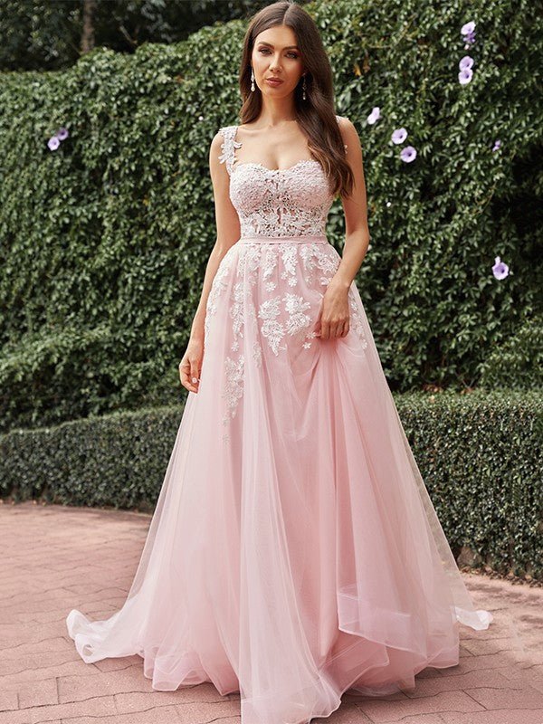 NumberSea - A - Line/Princess Tulle Applique Straps Sleeveless Sweep/Brush Train Wedding Dresses