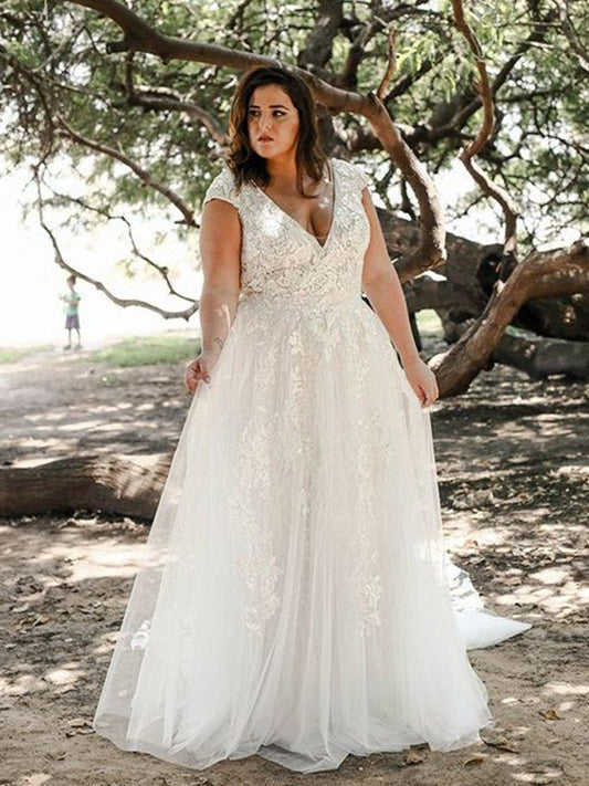 NumberSea - A - Line/Princess Tulle Applique Sweep/Brush Train V - neck Short Sleeves Plus Size Wedding Dresses