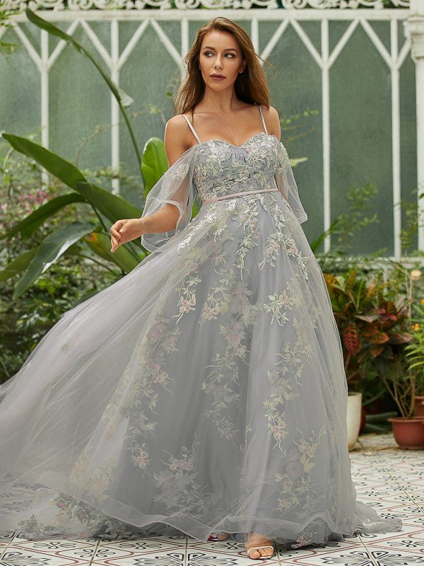 NumberSea - A - Line/Princess Tulle Applique Sweetheart Short Sleeves Sweep/Brush Train Dresses