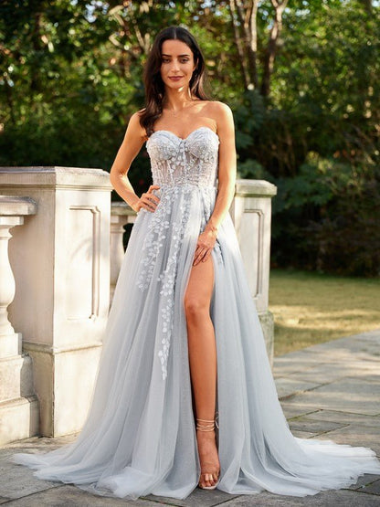 NumberSea - A - Line/Princess Tulle Applique Sweetheart Sleeveless Court Train Dresses