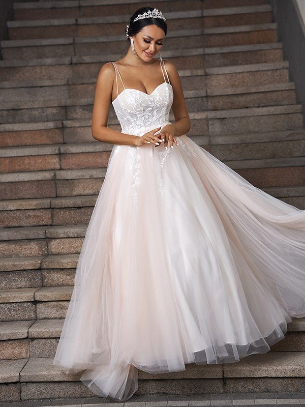 NumberSea - A - Line/Princess Tulle Applique Sweetheart Sleeveless Sweep/Brush Train Wedding Dresses A - Line/Princess Tulle Applique Sweetheart Sleeveless Sweep/Brush Train Wedding Dresses