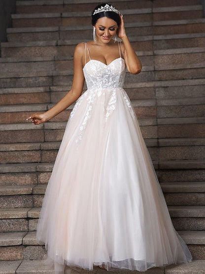 NumberSea - A - Line/Princess Tulle Applique Sweetheart Sleeveless Sweep/Brush Train Wedding Dresses A - Line/Princess Tulle Applique Sweetheart Sleeveless Sweep/Brush Train Wedding Dresses