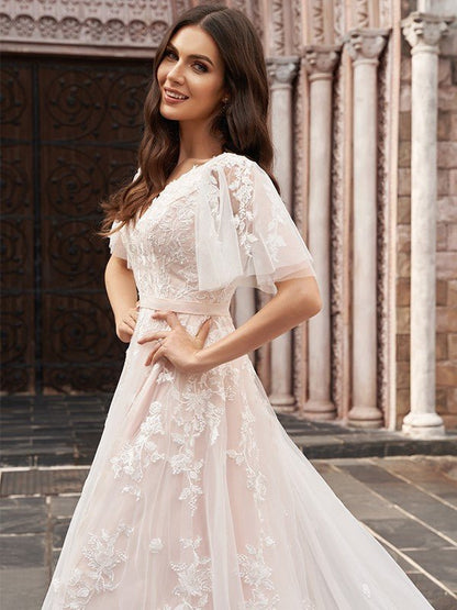 NumberSea - A - Line/Princess Tulle Applique V - neck 1/2 Sleeves Court Train Wedding Dresses