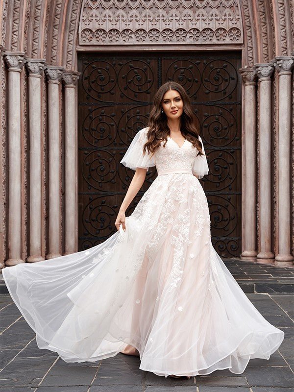 NumberSea - A - Line/Princess Tulle Applique V - neck 1/2 Sleeves Court Train Wedding Dresses