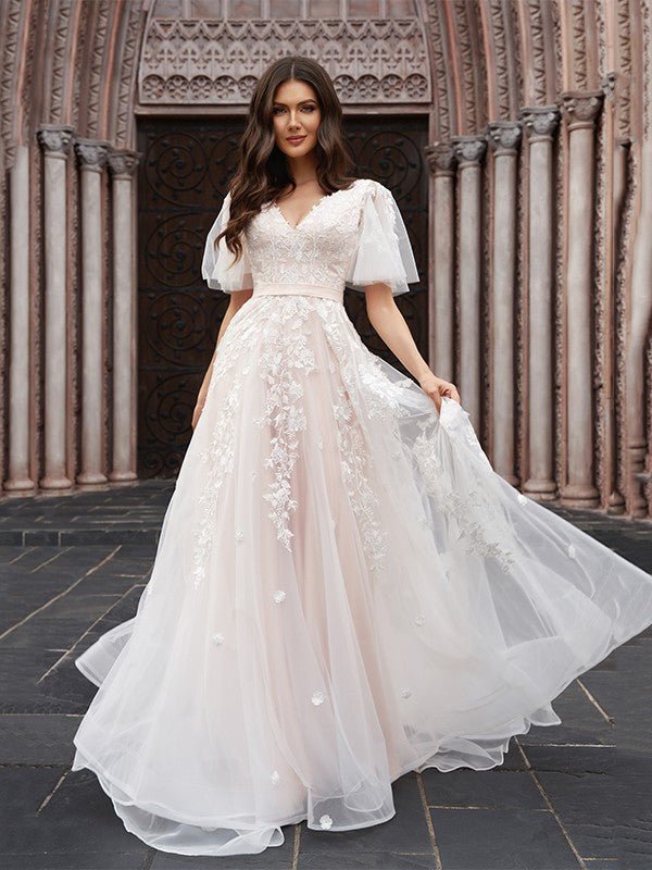 NumberSea - A - Line/Princess Tulle Applique V - neck 1/2 Sleeves Court Train Wedding Dresses