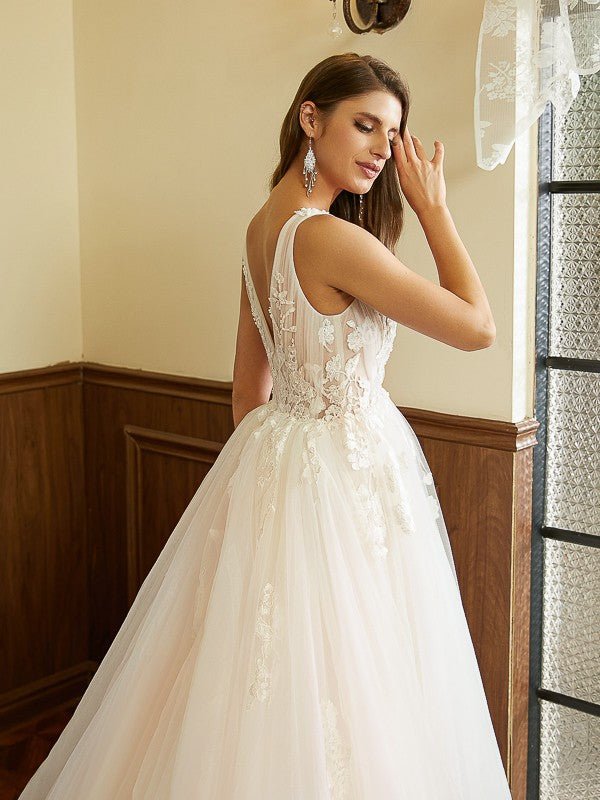 NumberSea - A - Line/Princess Tulle Applique V - neck Sleeveless Cathedral Train Wedding Dresses