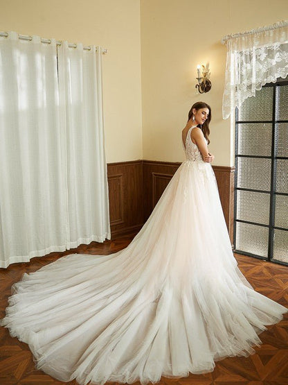 NumberSea - A - Line/Princess Tulle Applique V - neck Sleeveless Cathedral Train Wedding Dresses