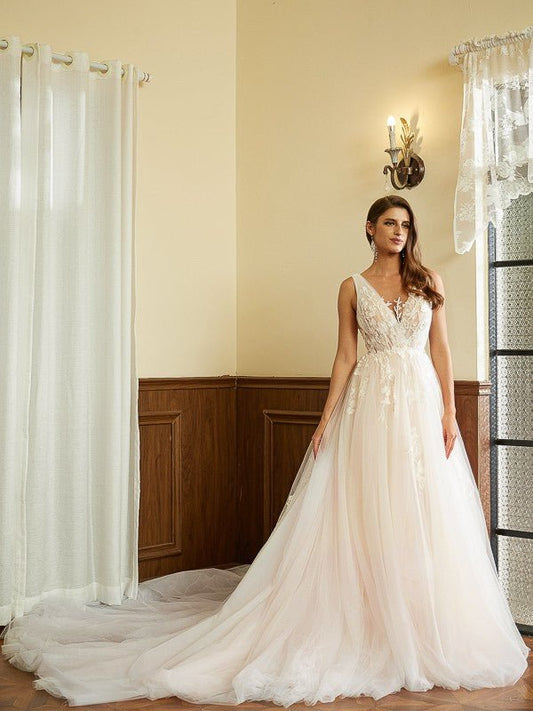 NumberSea - A - Line/Princess Tulle Applique V - neck Sleeveless Cathedral Train Wedding Dresses