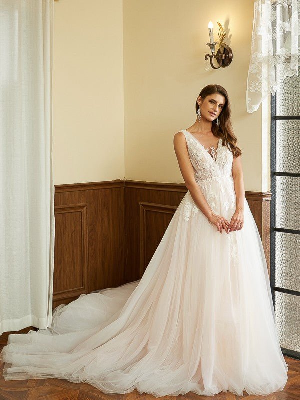 NumberSea - A - Line/Princess Tulle Applique V - neck Sleeveless Cathedral Train Wedding Dresses