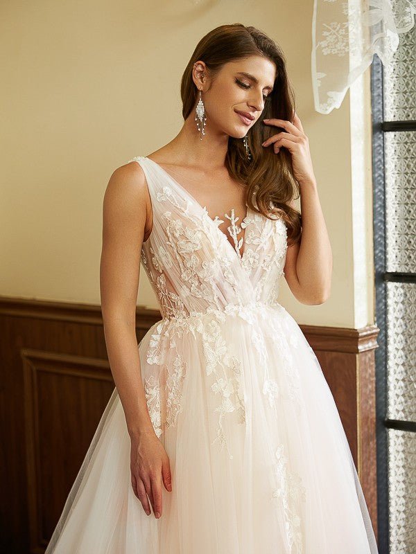 NumberSea - A - Line/Princess Tulle Applique V - neck Sleeveless Cathedral Train Wedding Dresses