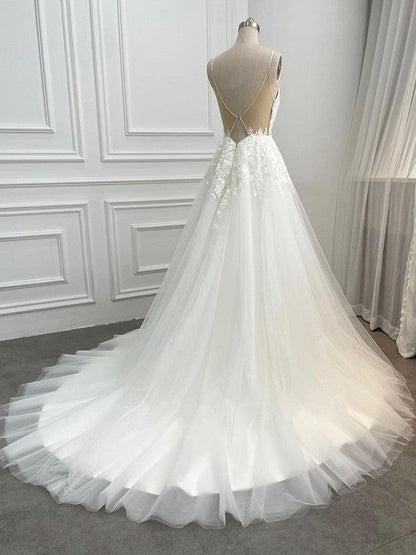 NumberSea - A - Line/Princess Tulle Applique V - neck Sleeveless Chapel Train Wedding Dresses