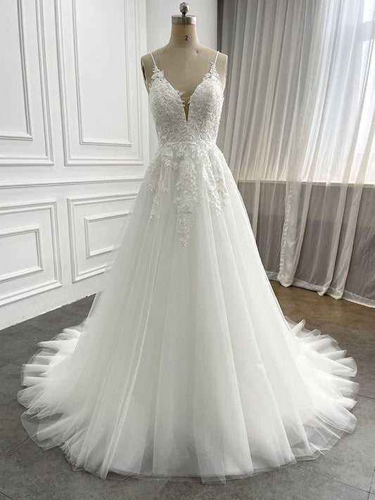 NumberSea - A - Line/Princess Tulle Applique V - neck Sleeveless Chapel Train Wedding Dresses