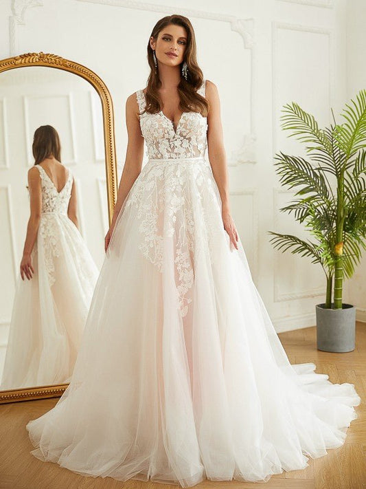 NumberSea - A - Line/Princess Tulle Applique V - neck Sleeveless Chapel Train Wedding Dresses