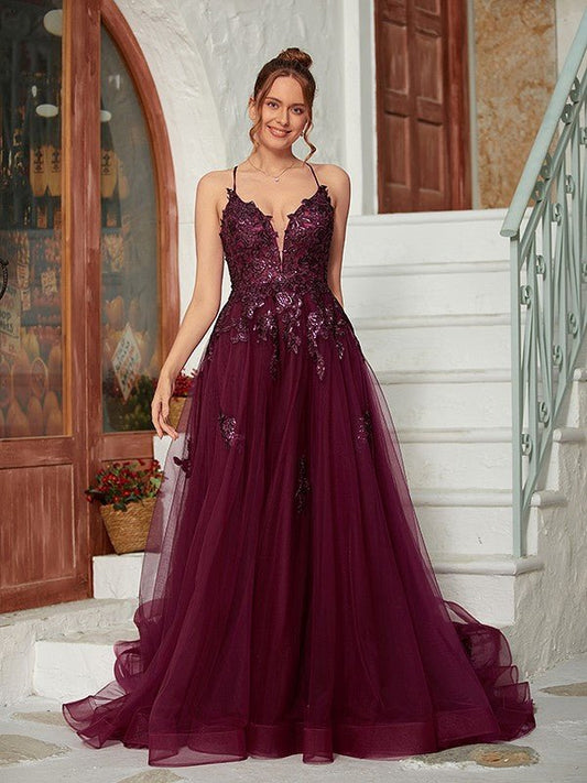 NumberSea - A - Line/Princess Tulle Applique V - neck Sleeveless Court Train Dresses