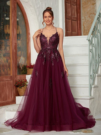 NumberSea - A - Line/Princess Tulle Applique V - neck Sleeveless Court Train Dresses