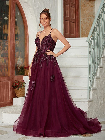 NumberSea - A - Line/Princess Tulle Applique V - neck Sleeveless Court Train Dresses