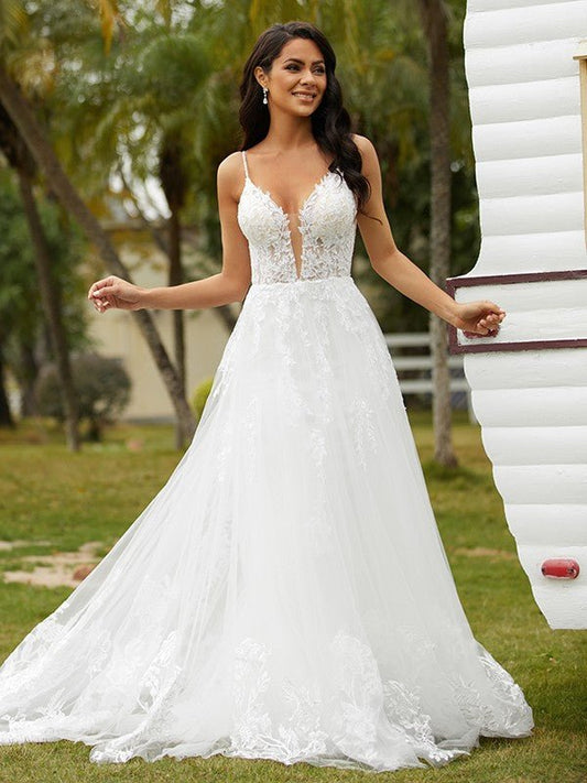 NumberSea - A - Line/Princess Tulle Applique V - neck Sleeveless Court Train Wedding Dresses