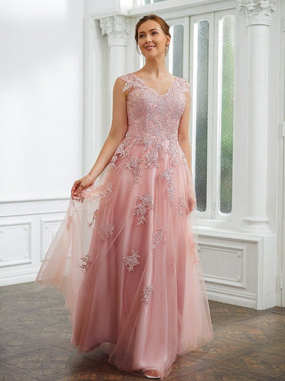 NumberSea - A - Line/Princess Tulle Applique V - neck Sleeveless Floor - Length Dresses