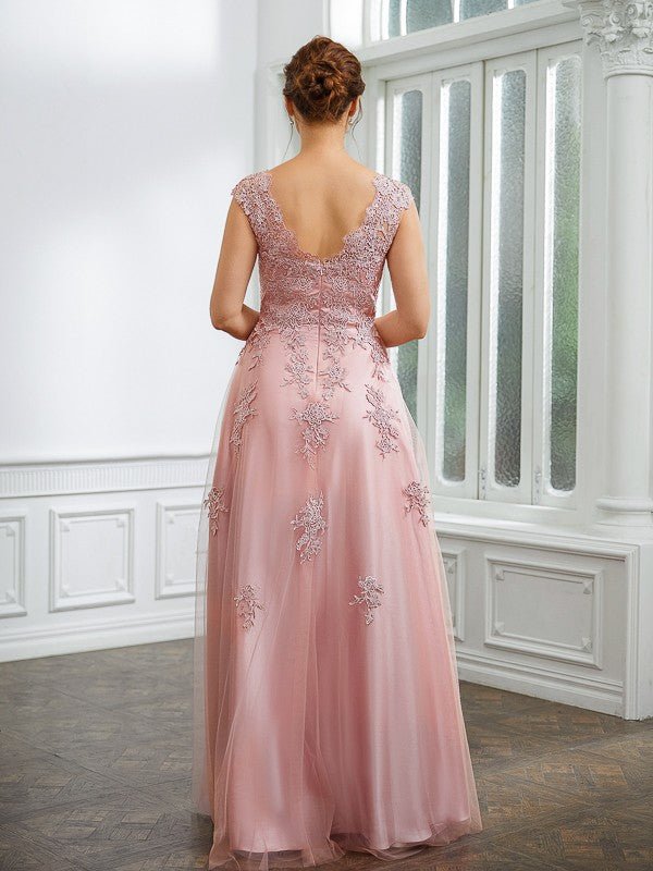 NumberSea - A - Line/Princess Tulle Applique V - neck Sleeveless Floor - Length Dresses