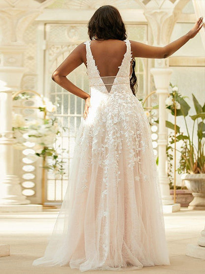 NumberSea - A - Line/Princess Tulle Applique V - neck Sleeveless Floor - Length Dresses