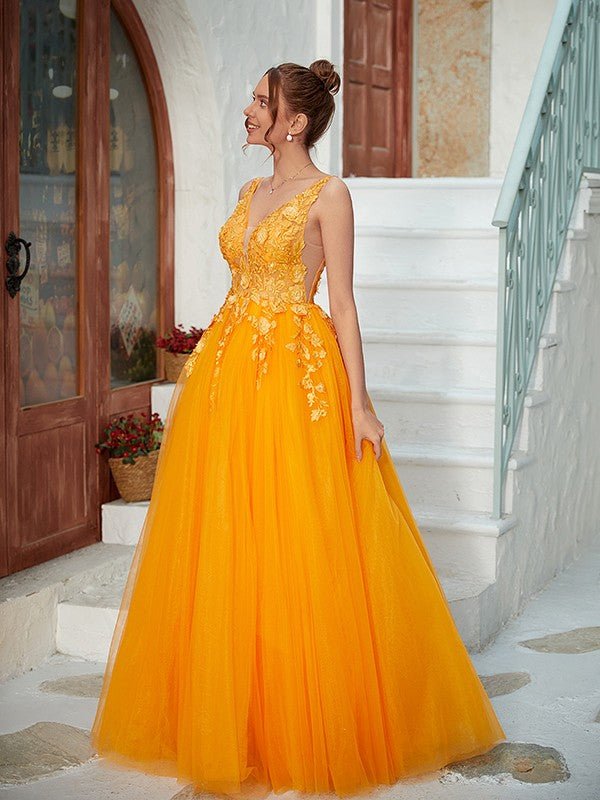 NumberSea - A - Line/Princess Tulle Applique V - neck Sleeveless Floor - Length Dresses