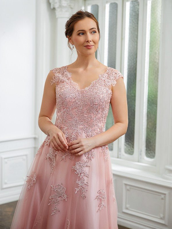 NumberSea - A - Line/Princess Tulle Applique V - neck Sleeveless Floor - Length Dresses