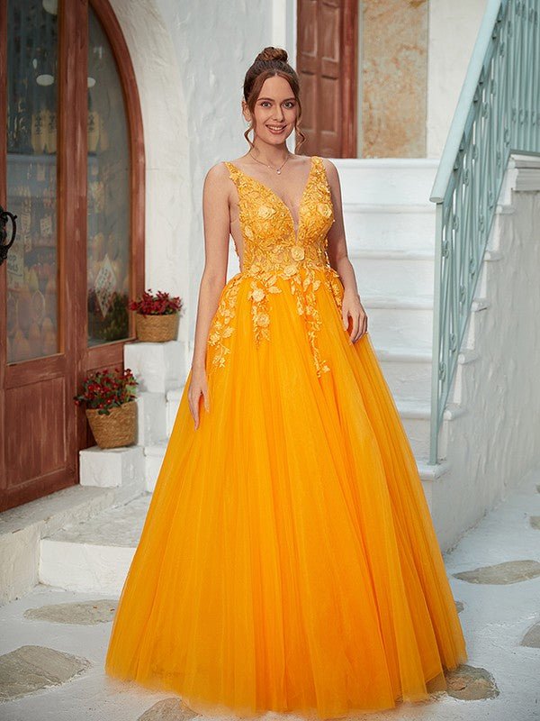 NumberSea - A - Line/Princess Tulle Applique V - neck Sleeveless Floor - Length Dresses