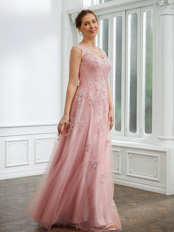 NumberSea - A - Line/Princess Tulle Applique V - neck Sleeveless Floor - Length Dresses