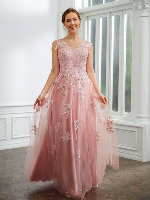 NumberSea - A - Line/Princess Tulle Applique V - neck Sleeveless Floor - Length Dresses