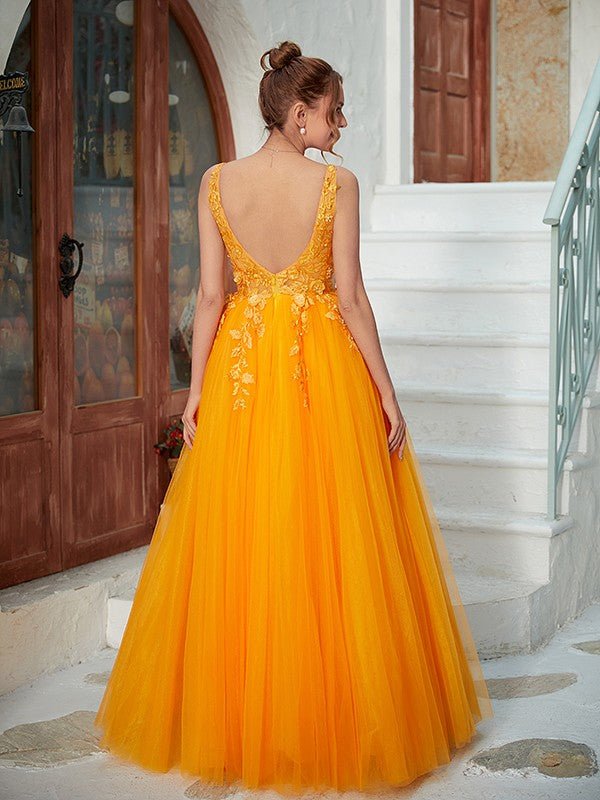 NumberSea - A - Line/Princess Tulle Applique V - neck Sleeveless Floor - Length Dresses