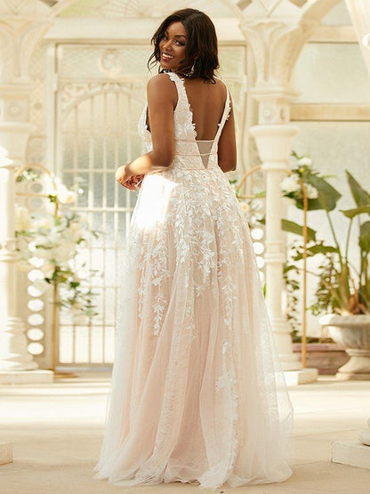 NumberSea - A - Line/Princess Tulle Applique V - neck Sleeveless Floor - Length Dresses