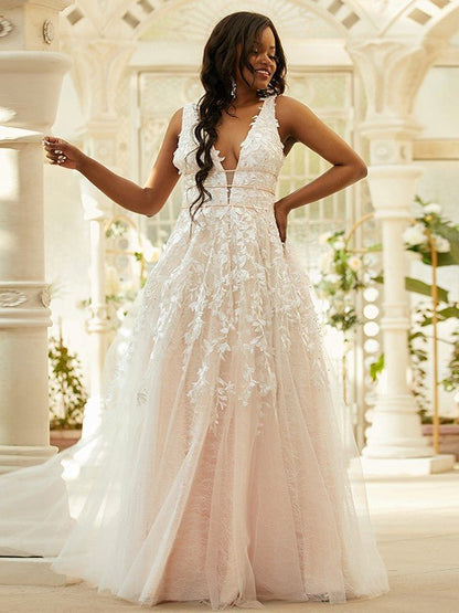 NumberSea - A - Line/Princess Tulle Applique V - neck Sleeveless Floor - Length Dresses