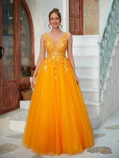 NumberSea - A - Line/Princess Tulle Applique V - neck Sleeveless Floor - Length Dresses