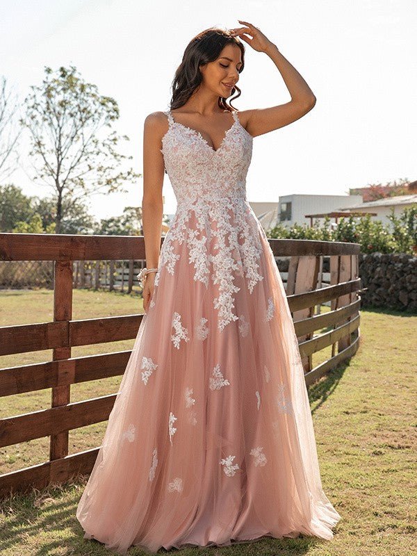 NumberSea - A - Line/Princess Tulle Applique V - neck Sleeveless Floor - Length Dresses