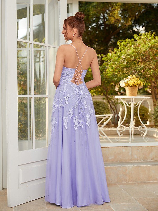 NumberSea - A - Line/Princess Tulle Applique V - neck Sleeveless Floor - Length Dresses