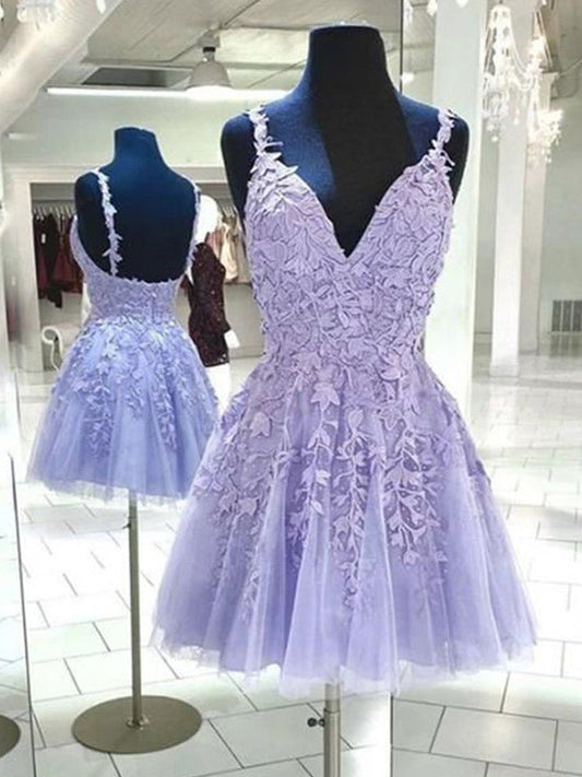 NumberSea - A - Line/Princess Tulle Applique V - neck Sleeveless Short/Mini Dresses