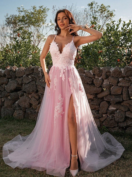 NumberSea - A - Line/Princess Tulle Applique V - neck Sleeveless Sweep/Brush Train Dresses